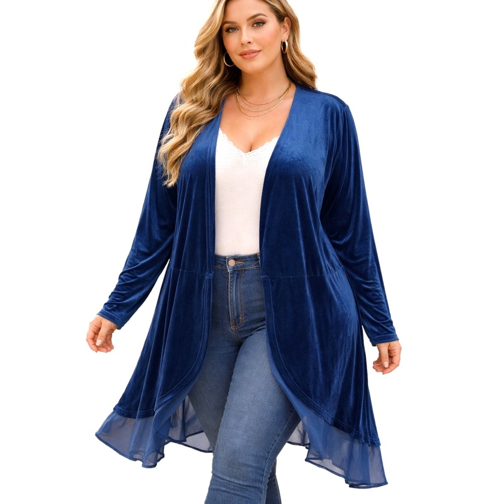 Agnes Orinda Womens Duster 4X Blue Velvet Chiffon Office Dressy Stretch Layering